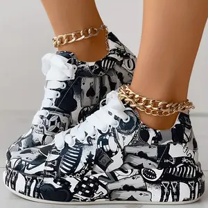 Womens Graffiti Art Sneakers - Stylish Lace-Up Platform Shoes with Comfortable Low Top Design - Perfect for Sports & Casual Wear - Fashionable Skate Style