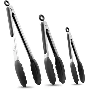 Premium Stainless Steel Locking Kitchen Tongs with Silicon Tips, Heat Resistant Cooking Tongs Set of 3-7", 9" and 12" (Black)