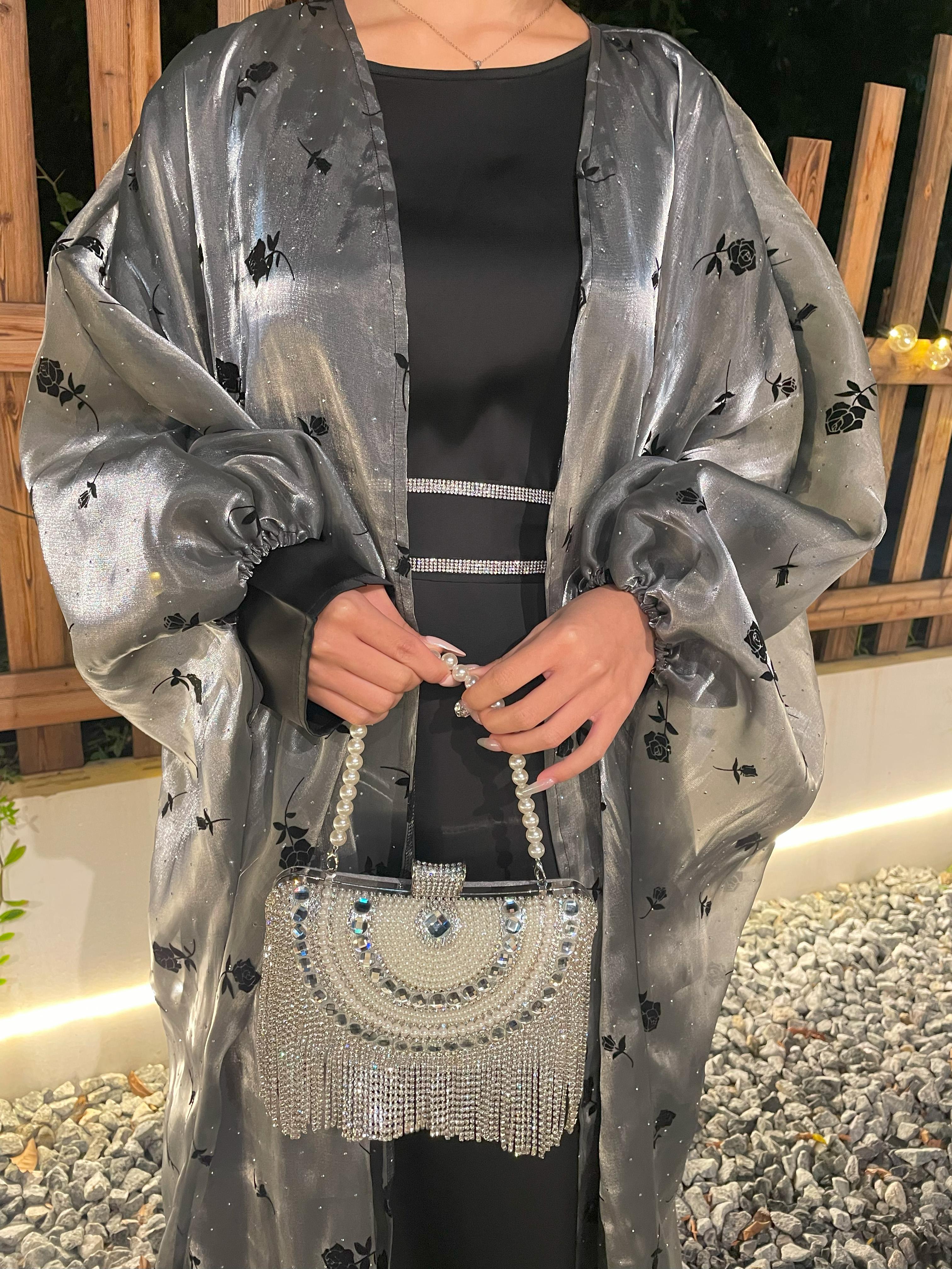 CL44 Organza Rose flower shiny abaya set, butterfly abaya with inner dress and crystal embellished belt,suitable for any occasions,Formal Chic【Fashionweek】 Modest Women