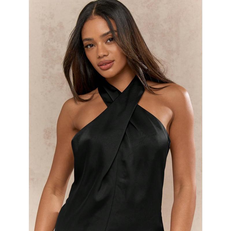 MISSGUIDED Satin Cross Halter Neck Backless Sleeveless Mini Dress