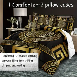 Metallic Pattern Black and Gold Background Fabric Line Light Luxury Polyester Printed Quilt Core Three-Piece Set Suitable for Bedroom and Guest Room 1 Quilt Core + 2 Pillowcases