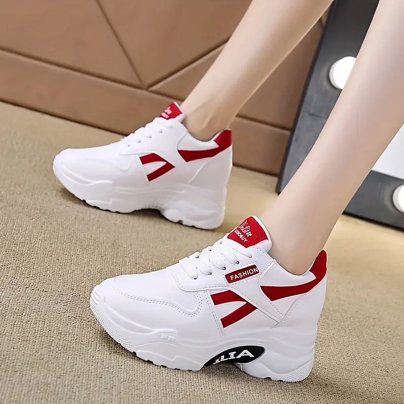 White Women's Casual Dad Sneakers – 8cm Thick Sole, Lace-Up, Durable Rubber Sole, Versatile Height-Increase Shoes for All-Season Wear Running Girl