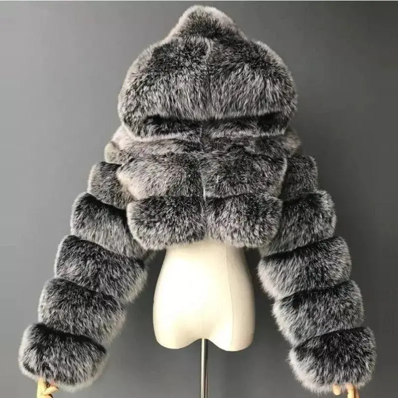 Furry Cropped Faux Fur Coat With Hood