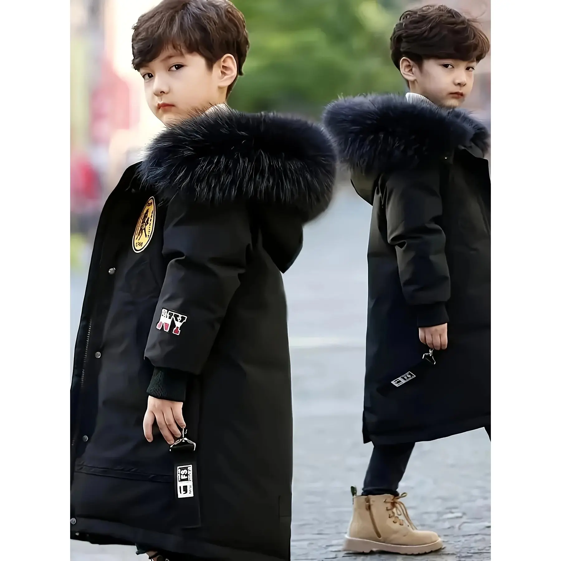 New[Warm Hooded Coat] Warm and Windproof Boys' Mid-Length Hooded Coat |           Medium to Large Sizes, Thickened Winter Outerwear