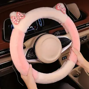 Soft Fluff Cute Cartoon Cat Bowknot Plush Car Steering Wheel Cover, Non-Slip Inner Ring, 15-Inch Universal Size, Autumn and Winter Car Decoration Accessories