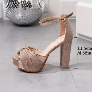 Elegant Women's Champagne Glitter High Heels - Unique Shaped Heel, Round Toe, Ankle Strap |       Sparkly, Perfect for Parties