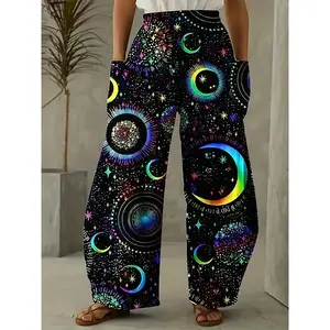 Plus Size Casual Pants, Women's Plus Holographic Moon & Star Print Elastic High Rise Wide Leg Trousers With Pockets