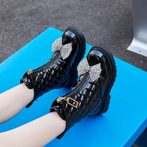 Girls' Black Faux Cover Ankle Boots with Geometric Pattern, Zipper Closure & Sparkling Bow Detail - Round Toe Wedge Heel, Rubber Sole for Spring & Fall, Princess Style, Cute Boots, Youngsters Fashion Footwear, Durable Youngsters'S Footwear