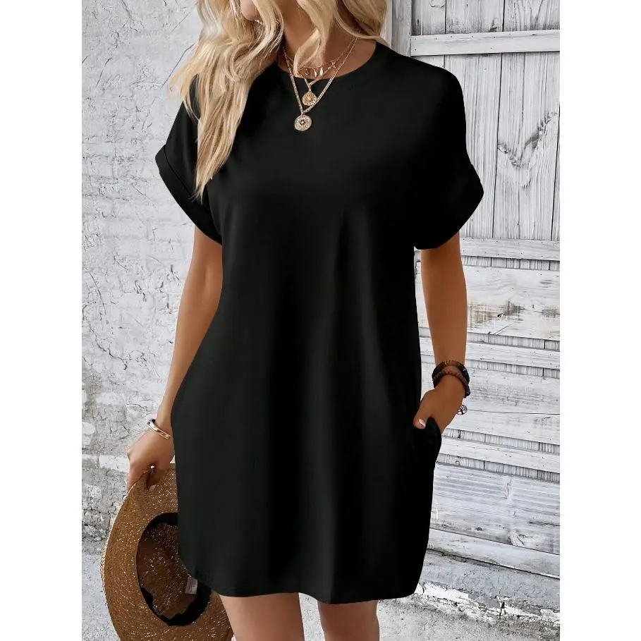 2025 Women's New Solid Color Round Neck Loose Short Sleeve Pocket Dress  dress summer outfits drop waist dress white dress - TikTok Shop