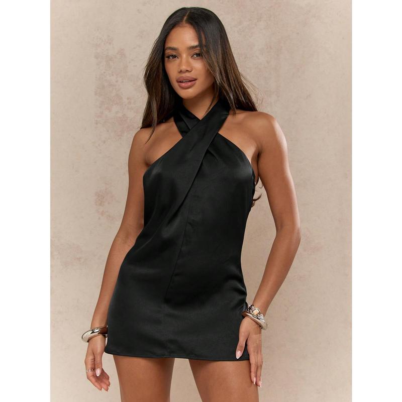 MISSGUIDED Satin Cross Halter Neck Backless Sleeveless Mini Dress