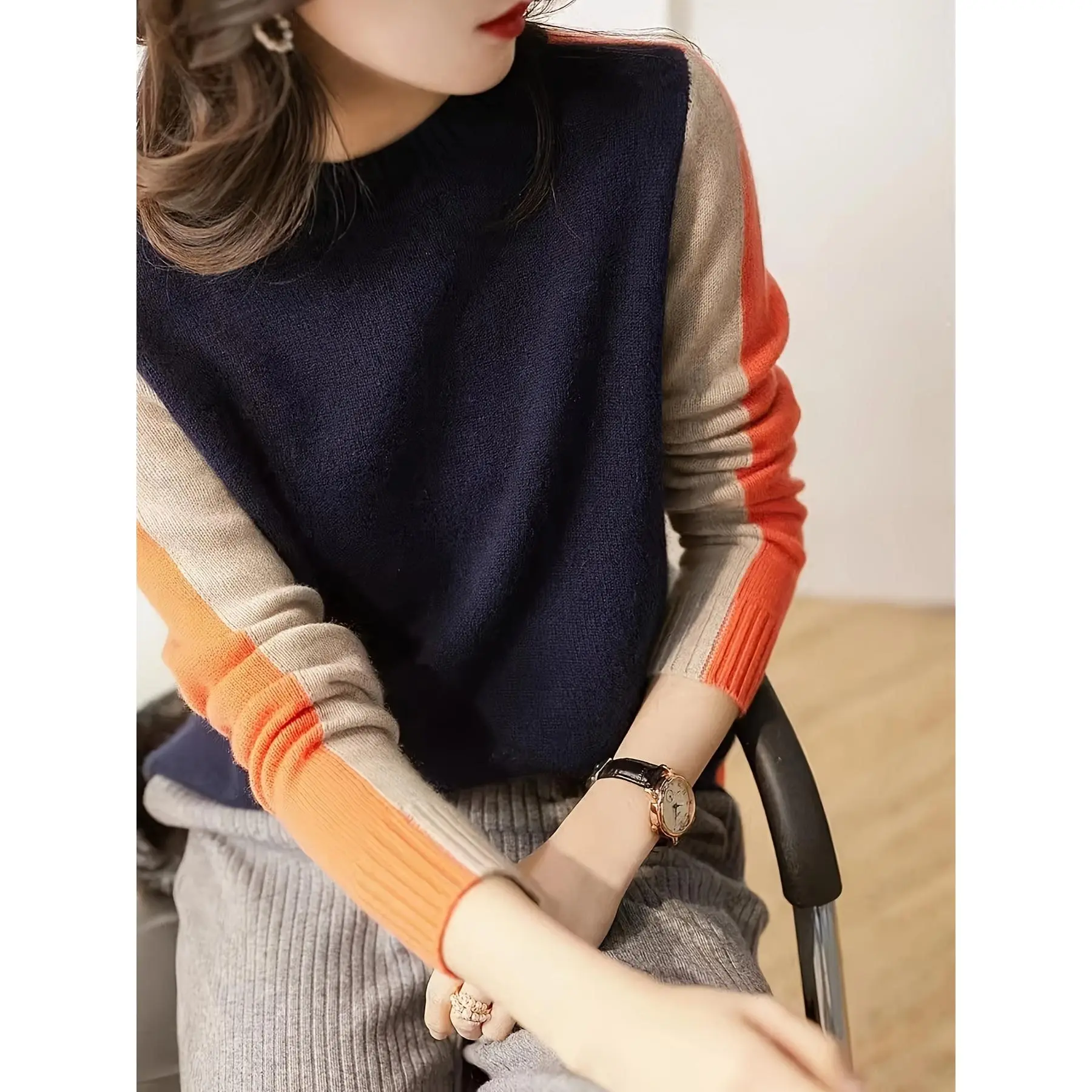 Vibrant Color Block Knit Pullover Sweater - Soft, Medium Stretch, Crew Neck, Long Sleeve, Viscose Blend Top for All Seasons, Casual Wear, Everyday Comfort