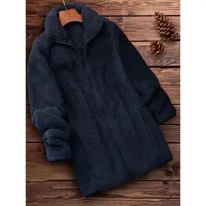 Zip Up Solid Teddy Coat, Casual Long Sleeve Winter Outerwear, Women's Clothing