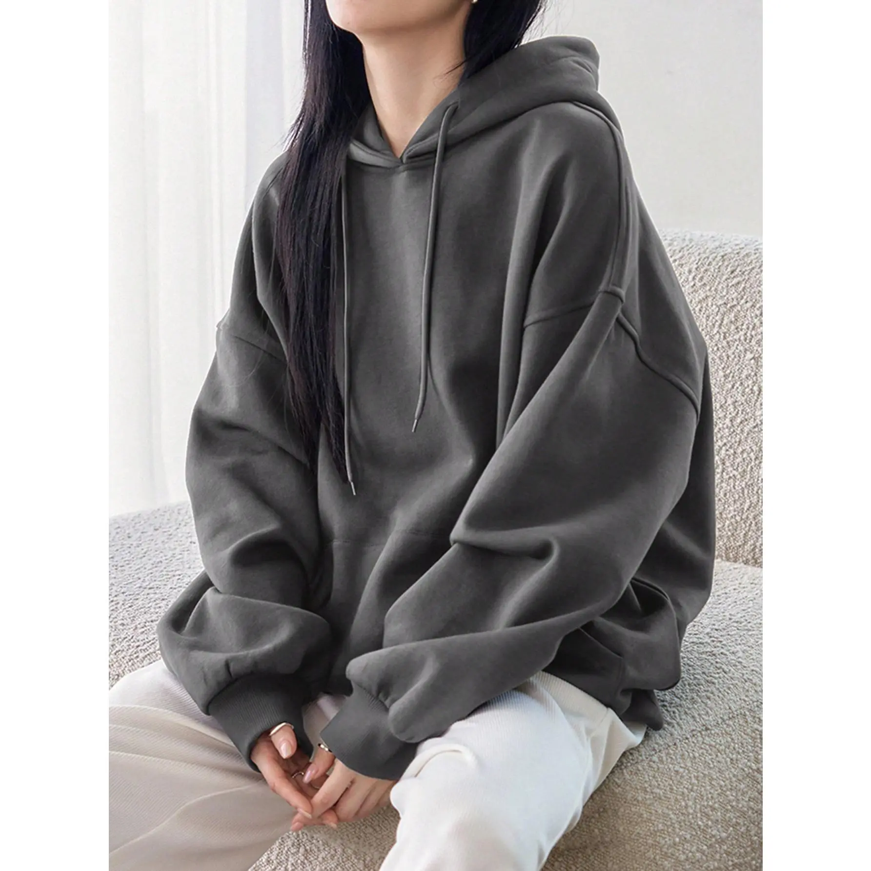 Dazy-Less Kangaroo Pocket Drop Shoulder Drawstring Hoodie,Long Sleeve Tops