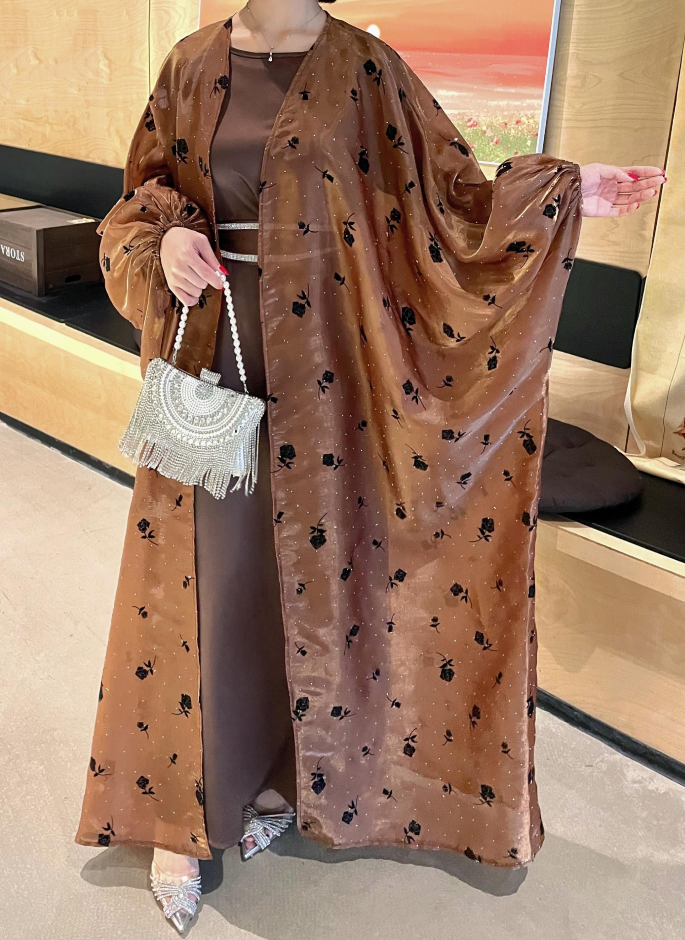 CL44 Organza Rose flower shiny abaya set, butterfly abaya with inner dress and crystal embellished belt,suitable for any occasions,Formal Chic【Fashionweek】 Modest Women