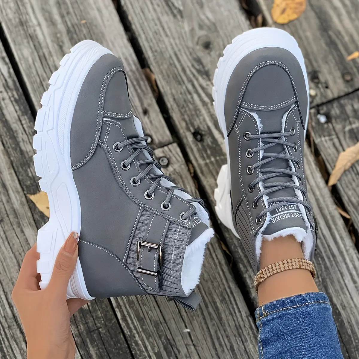 Trendy Plush Lined Thermal Furry Snow Boots, Casual Versatile Fall Winter Warm Snow Shoes, Casual Versatile Wear Resistance Non Slip Snow Sneakers
