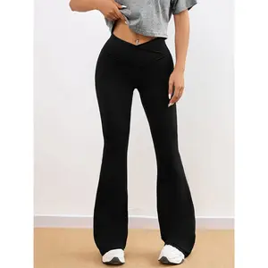 1 Piece Women's High Elastic Polyester Yoga Pants, Cross Waistband Retro Flared Leg - Pure Black Slim Fit Leggings, Four Seasons Sports and Casual Base Pants, Machine Washable Long Flared Pants, Fitness Top, Close-fitting Design, Breathable Fabric, Flared
