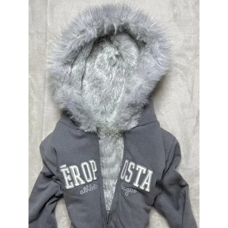 American original gray velvet thickened hooded sweatshirt jacket for women retro slim hottie design warm zipper jacket Womenswear Tops