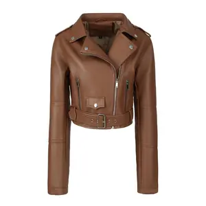Solid Zipper Front Faux Leather Crop Jacket - Casual Belted Long Sleeve Lightweight - For Women - Perfect for Fall & Spring - Stylish Gift for Fashionistas