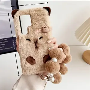 Plush Hair Clip Capybara Bracelet Lanyard Phone Case, Suitable for Samsung S24/S24 Plus/S24 Ultra/S23/S23 Plus/S22/S22 Plus/S22 Ultra Autumn Winter Plush Wristband Phone Protective Case
