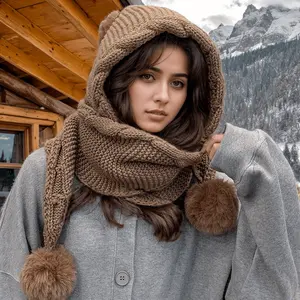 1pc 3-Ball Accessory Fleece-Lined Hat for Women, Versatile Scarf and Beanie Combo with Cute Pom-Pom Ear Protection, Thick Warm Winter Cap, Holiday Theme, Fitted Fit, Toggle Closure, Hand Wash Only, 100, Winter Hat, Winter Accessory