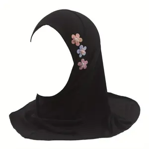 Elegant Black Malay-Style Girls' Hijab with Beautiful Floral Accents - Lightweight, Breathable Polyester, Adjustable Fit for Ages 3-6, Perfect for All Seasons & Ramadan Celebrations, Hijab Scarf