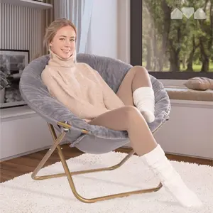 Milliard Saucer Chair For Adults, Teens & Kids, Grey, Faux Fur XL Circle Chair for Bedroom, Dorm & Gaming, Foldable Comfy Accent Seat for Small Spaces, Folding Moon / Mushroom / Round Oversized Style
