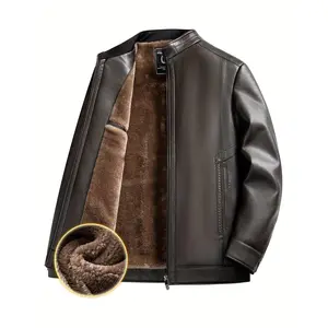 Men's Warm Fleece-Lined PU Leather Jacket - Winter Stand Collar Biker Style, Black, Casual & Cozy for Casual Attire, Winter Outerwear |   Zipper Closure Jacket |   Textured PU Leather Look