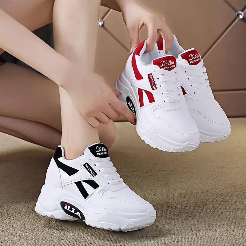 Women's Casual Dad Sneakers - White with Red Accents, Thick 3.15inch Sole, Lace-Up, All-Season Versatile Height Increase Shoes, Casual Footwear|Chunky Sole Sneakers|Durable Rubber Sole