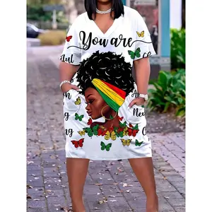American Style Plus Size Dress - Cartoon Portrait & Butterfly Print, V-Neck with 2 Pockets, Casual Wear for Women