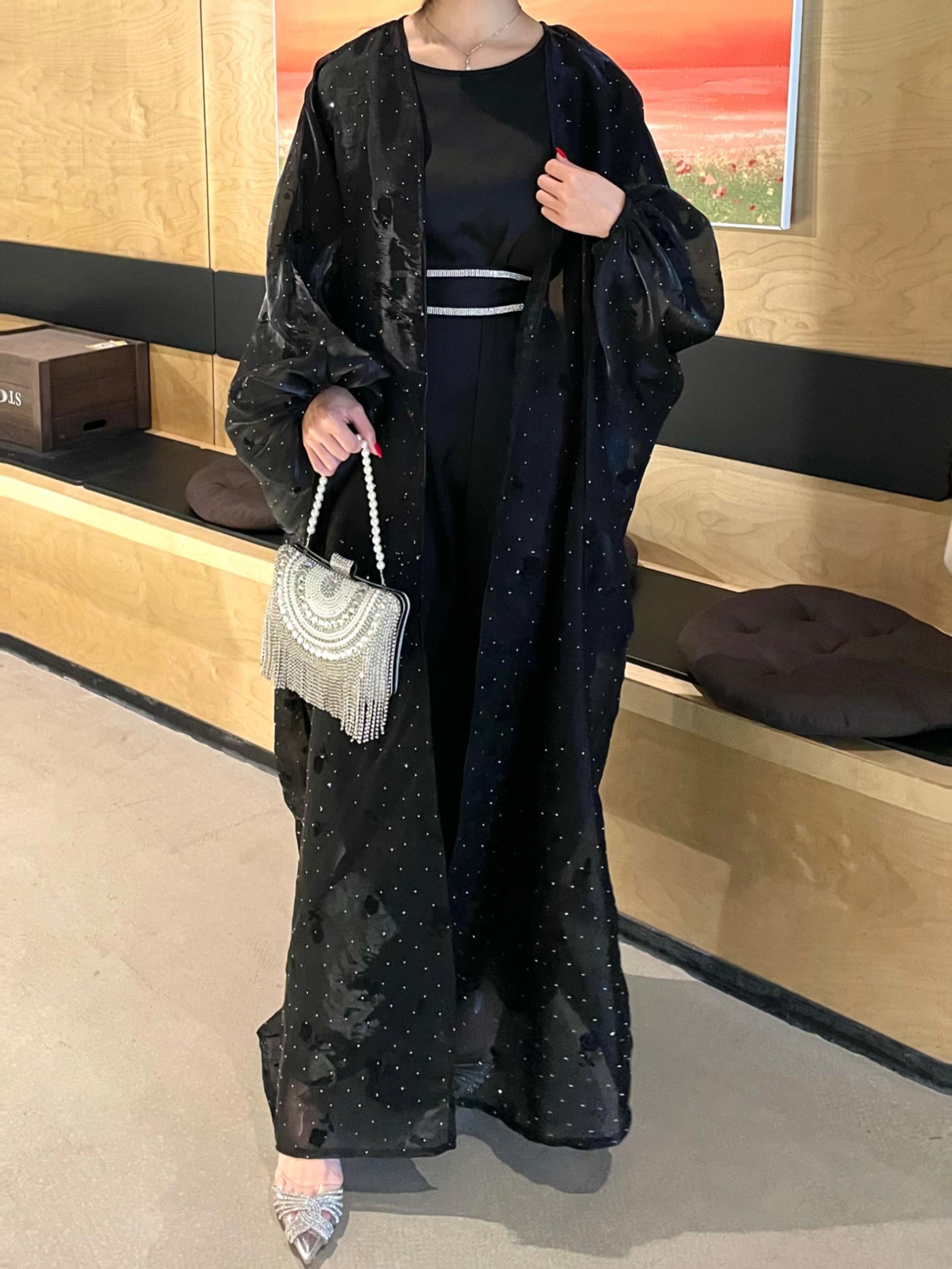 CL44 Organza Rose flower shiny abaya set, butterfly abaya with inner dress and crystal embellished belt,suitable for any occasions,Formal Chic【Fashionweek】 Modest Women