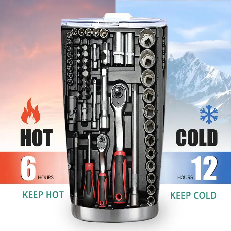 20oz Stainless Steel Portable Tumbler Flask - 1pc Heavy-Duty Toolbox Design Travel Mug, Auto Mechanic Themed with Wrench Patterns, Double-Wall Vacuum Insulation, Lid Included, Gift for Mechanics